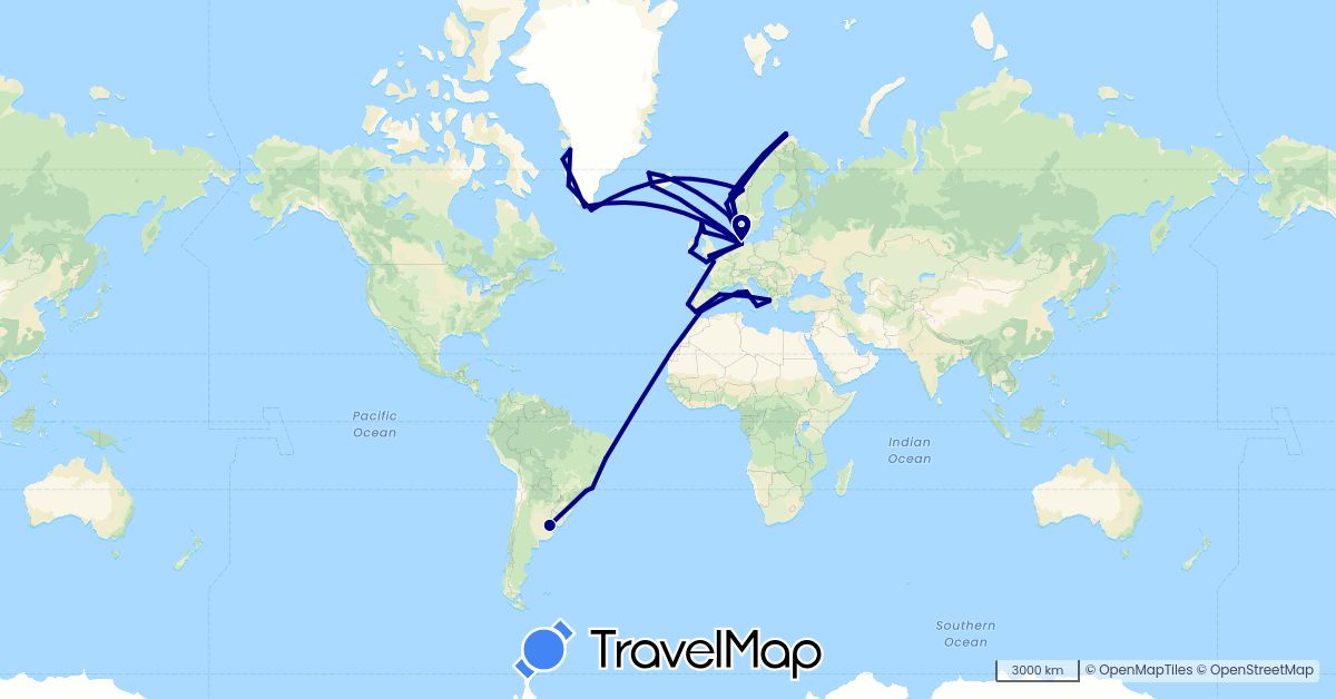 TravelMap itinerary: driving in Albania, Argentina, Brazil, Germany, Spain, France, United Kingdom, Guernsey, Greenland, Greece, Ireland, Iceland, Italy, Norway, Portugal (Europe, North America, South America)